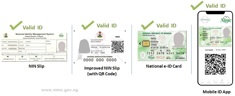 Valid Forms of ID from NIMC - NIN Slip, Improved NIN Slip with QR Code, National e-ID Card and MWS Mobile ID App